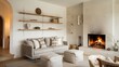 © Bozena - Modern Cozy Living Room with Fireplace and Stylish Decor. A serene modern living room featuring a cozy sofa, stylish decor, and a warm fireplace. Perfect for home interior inspiration.