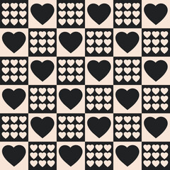 Poster - Monochrome seamless pattern with hearts on a checkered background. Modern retro illustration for decoration. Aesthetic vector print in style 60s, 70s.
