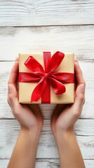 Hands holding a gift box with a red ribbon on a rustic wooden background