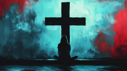 Poster - A woman sits before a large black cross on a wall with a stormy blue and red background. Solitude. Illustration