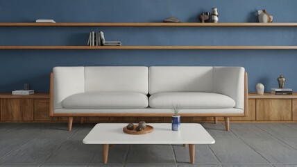 Wall Mural - Modern Living Room with Minimalist Sofa and Decorative Shelves. Explore this stylish living room featuring a sleek sofa, elegant coffee table, and tasteful decor on wooden shelves.