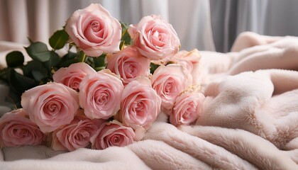 bouquet of pink roses on soft blanket