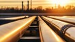 © Watie2781 - Close-Up View of Pipes at Industrial Site Surrounded by Sunset, Highlighting Metallic Textures and Warm Tones Atmosphere with Silhouetted Structures in Background
