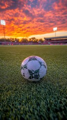 Wall Mural - Soccer ball on field during sunset with colorful sky and stadium lights in the background