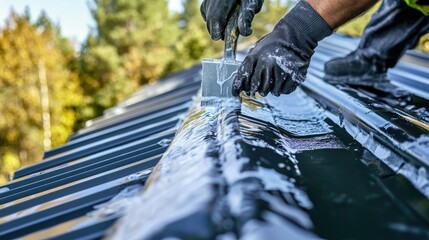 Wall Mural - silicone caulk being spread smoothly along the seams of a metal roof