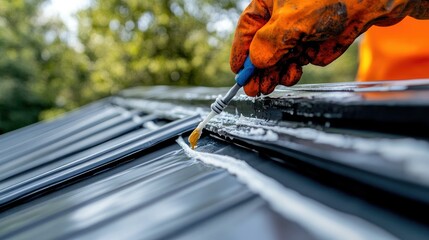 Wall Mural - silicone caulk being spread smoothly along the seams of a metal roof