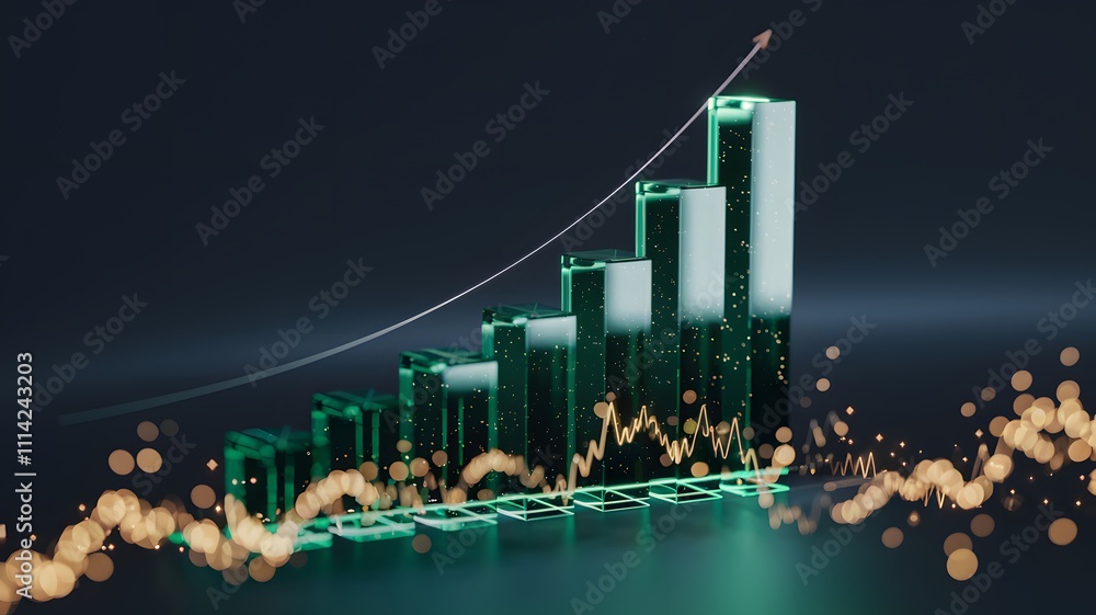 Sleek futuristic 3D bar graph made of glowing green lines representing ...