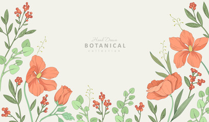 Wall Mural - Retro colorful floral art with detailed various flowers and foliage, intricate details and delicate forms. Elegant botanical background or invitation card. Hand drawn vector illustration