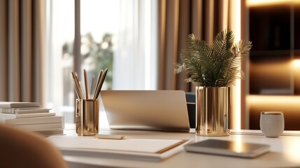 Poster - Modern home office workspace with laptop, stationery, and plant.