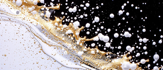 Abstract fluid art composition with golden sparkles and bubble textures flowing on black background in an elegant and modern design environment