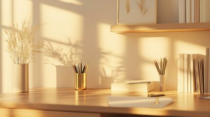 Poster - Sunlit minimalist workspace with pencils, books, and dried flowers.