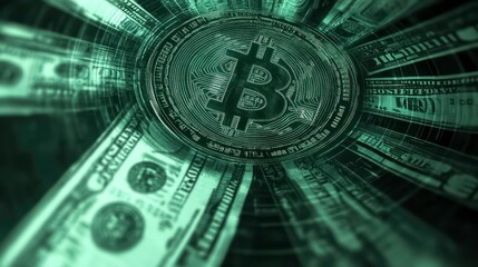 Poster - Bitcoin cryptocurrency surrounded by US dollar bills in a digital vortex.