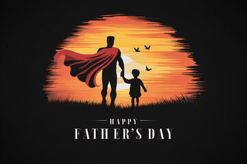 father's day greeting card with super dad and son characters on sunset background. happy fathers day isolated vector illustration cartoon backside view scene with dad and son dressed in superhero