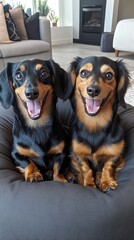 Wall Mural - Two cheerful dogs sitting together in a cozy living room