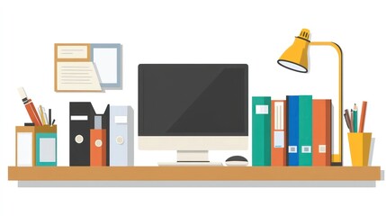 Poster - Clean, organized workspace with computer, desk lamp, files, and stationery.