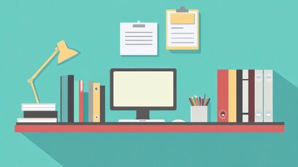 Poster - Modern minimalist workspace with computer, books, stationery, and documents on a shelf against a teal background.