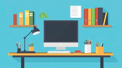 Poster - Modern minimalist home office workspace with computer, desk, shelves, and stationery.