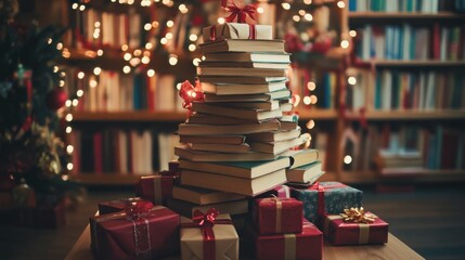 Wall Mural - Book tree surrounded by gifts, cozy room with warm light, festive and joyful, isolated with holiday cheer, creative literary concept