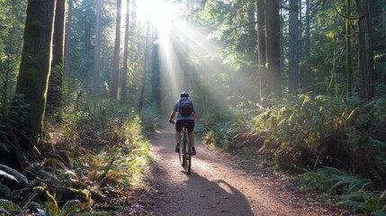 Poster - A cyclist rides along a narrow dirt path surrounded by tall trees in a lush forest. Sunlight streams through the canopy, creating a serene atmosphere during the morning hours.