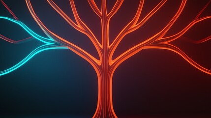 Wall Mural - Abstract neon tree design with vibrant red and blue branches against a dark background, symbolizing growth and duality.