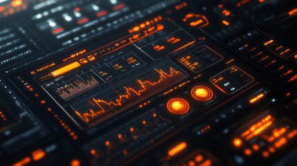 Poster - Futuristic digital interface with graphs, charts, and data visualizations.