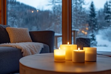 Wall Mural - Imagine a modern living room with flickering candles creating a warm atmosphere, perfect for chilly winter months. Large windows showcase a beautiful snowy scenery, enhancing the cozy environment