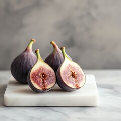 Fresh figs arranged on a marble surface, showcasing their vibrant interior and smooth skin, Ideal for culinary blogs, health articles, or marketing materials focused on natural foods,