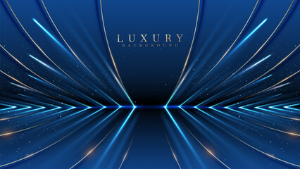 Wall Mural - blue luxury stage backdrop with golden curves, beam effects, and sparkling starlight. design for ele