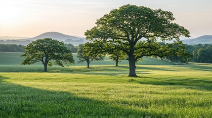 Wall Mural - Serene Sunrise Over Rolling Hills and Majestic Oaks