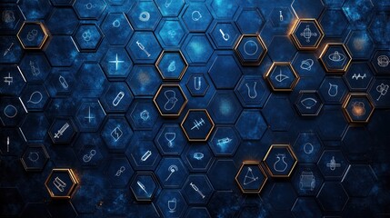 Abstract hexagonal grid showcasing diverse symbols, glowing in dark blue.