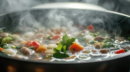 Wall Mural - Close-Up of Bubbling Broth with Fresh Ingredients