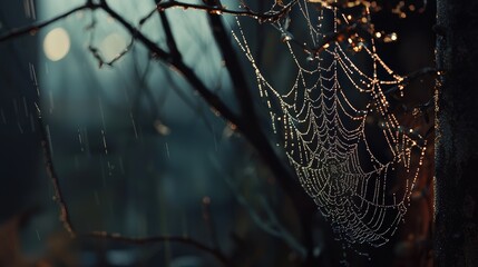 Dewy spider web glistening in the rain