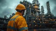 © Mykhailo - Industrial workers in orange safety gear inspecting complex refinery structures under cloudy skies, highlighting industrial infrastructure and professional safety standards.