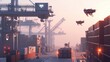 © Chexy139 - Drones delivering cargo in a busy shipping port at dawn with cranes and containers in the background