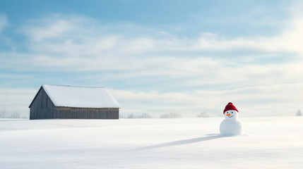 Wall Mural - Snowman in a red hat standing in a snowy field with a barn and trees under a bright blue sky in a winter scene