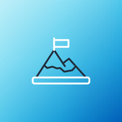 Wall Mural - Line Mountains with flag on top icon isolated on blue background. Symbol of victory or success concept. Goal achievement. Colorful outline concept. Vector