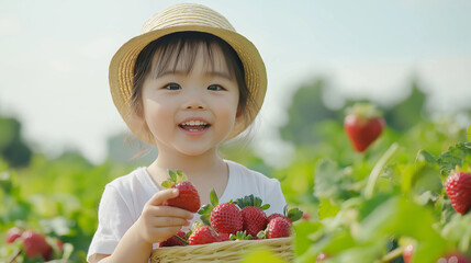 Wall Mural - Delighted child picking ripe strawberries on a sunny farm, savoring the bountiful harvest amidst nature's wonders. Juicy red berries offer delectable sweetness