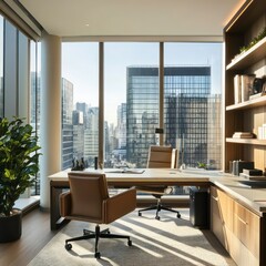 Poster - Modern office with city view, large windows, wooden desk, leather chairs, and plants.