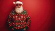 © Fortune228 - Ugly christmas sweater with lights, isolated on red background.santa, ugliest xmas sweater ever made. Tacky sweater with santa beard