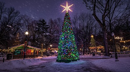 Wall Mural - The scene includes a background with ornaments, a tree, and snow, embodying winter and the holidays with festive decorations and illuminated lights, offering a cozy, peaceful, and magical outdoor