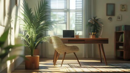Poster - Sunlit home office with desk, chair, plants, and laptop.