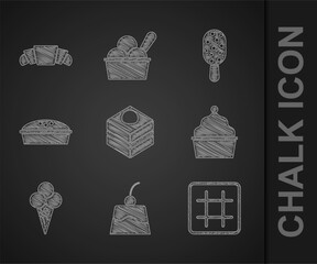 Poster - Set Brownie chocolate cake, Pudding custard, Waffle, Cake, Ice cream waffle cone, Homemade pie, and Croissant icon. Vector