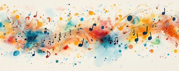 colorful musical notes swirling across a vibrant watercolor background creating a joyful effect