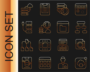 Wall Mural - Set line Cloud technology data transfer, Search concept with folder, Hierarchy organogram chart, Network cloud connection, Server, and Browser files icon. Vector