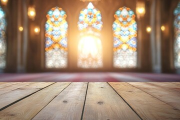 Wood floor board on blur mosque ramadan background. Window breakfast table top view white light bokeh in islam eid mubarak use product blurry presentation wooden desk in muslim Indonesia people. 