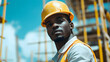 © Infinity Lens - Focused african american at construction site managing worker tasks on scaffolding, building labor operations with helmet job safety.