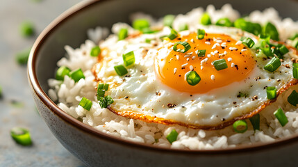 Wall Mural - Fried egg over rice, asian delicious closeup, lunch meal dish food, tasty cuisine traditional, homemade oriental thai.