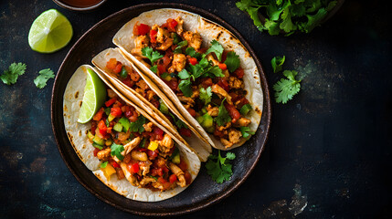 Wall Mural - Sizzling fajitas with mexican traditional dinner spread, lunch plate featuring salsa pepper spicy chicken meal cuisine with fresh lime.