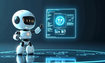 A white robot with glowing lights stands on a dark blue surface, looking left.