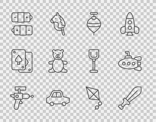 Canvas Print - Set line Ray gun, Sword toy, Whirligig, Toy car, Battery, Teddy bear plush, Kite and Submarine icon. Vector